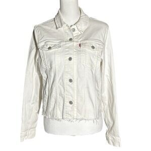 LEVI'S Off White Denim Trucker Jacket Women sz L Cropped Raw Hem (Altered)